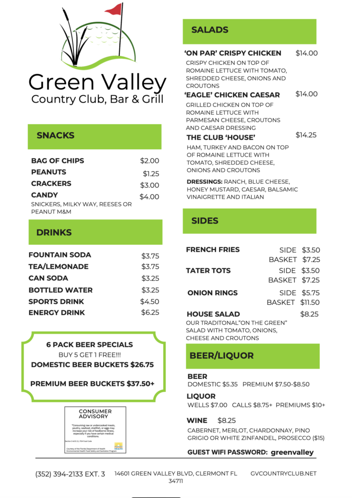 Green Valley Country Club Menu Page 2